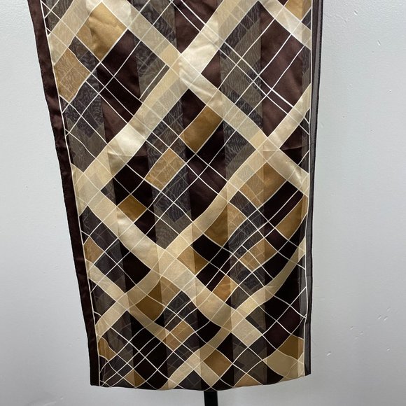 Vintage Oscar De La Renta Brown and Tan Geometric 100% Silk Scarf 62" X 13.25" - Picture 6 of 9